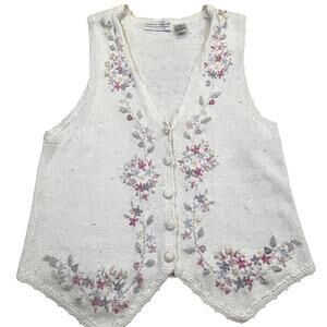 Carolyn Taylor Knit Sweater Vest Womens S Cream Floral Button Cottagecore